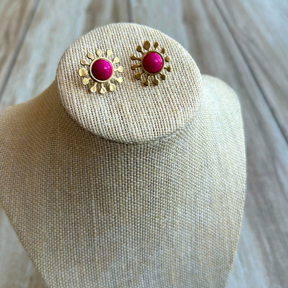 Trina Turk Gold Pink Statement Stud Earrings Retro Mod Sunburst Designer